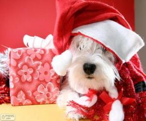 пазл Собака с шляпу Санта Клауса и его дар